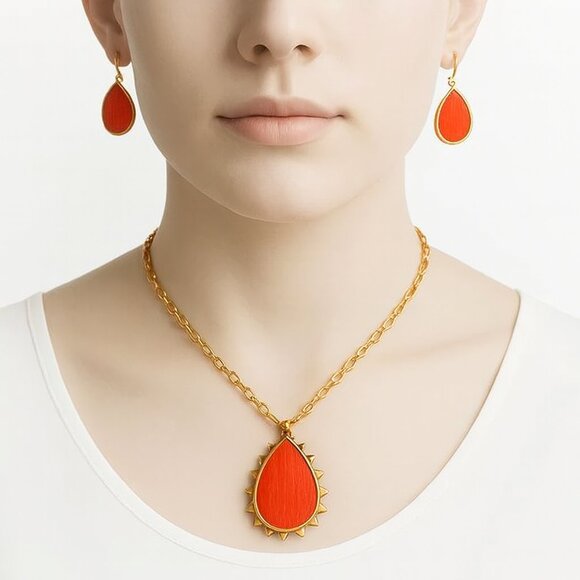 Red Teardrop Necklace & Earrings Set – Gold Statement Pendant Jewelry for Women - Picture 1 of 10